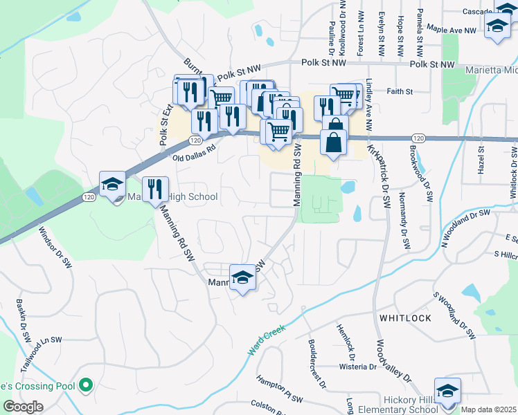 map of restaurants, bars, coffee shops, grocery stores, and more near 106 Westland Court Southwest in Marietta