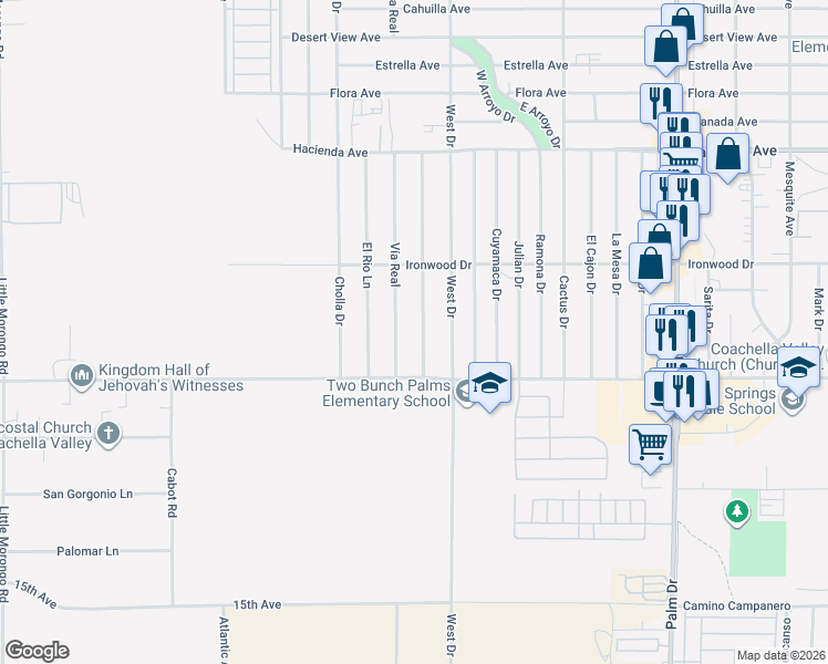 map of restaurants, bars, coffee shops, grocery stores, and more near 13840 Del Ray Lane in Desert Hot Springs