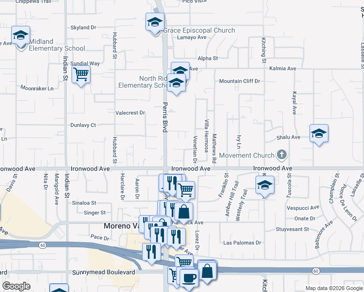 map of restaurants, bars, coffee shops, grocery stores, and more near 25072 Quebrada Court in Moreno Valley