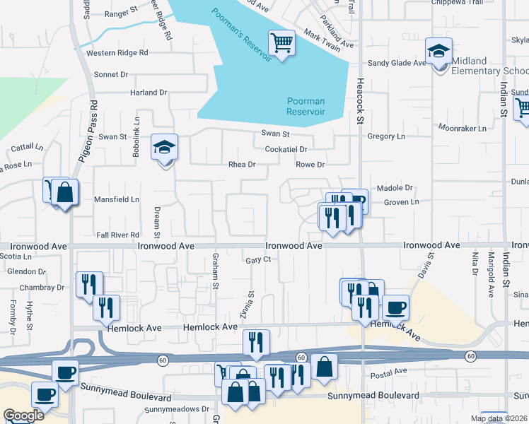 map of restaurants, bars, coffee shops, grocery stores, and more near 23630 Cinnamon Creek Court in Moreno Valley