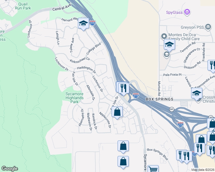 map of restaurants, bars, coffee shops, grocery stores, and more near 3401 Watkins Drive in Riverside