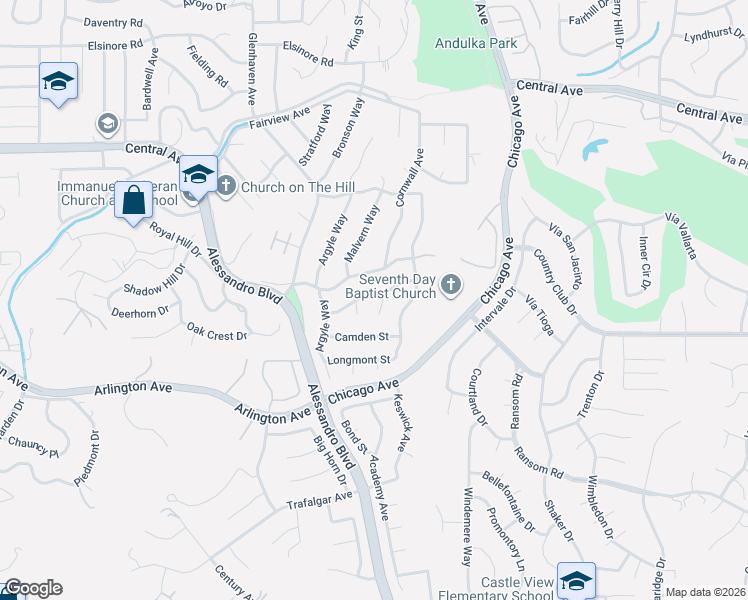map of restaurants, bars, coffee shops, grocery stores, and more near 5752 Roxbury Pl in Riverside