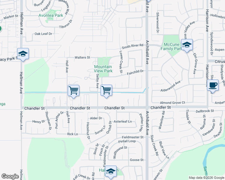 map of restaurants, bars, coffee shops, grocery stores, and more near 14423 Redwood Valley Road in Corona