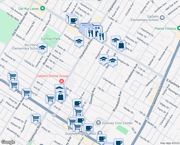 map of restaurants, bars, coffee shops, grocery stores, and more near 10524 Western Avenue in Downey