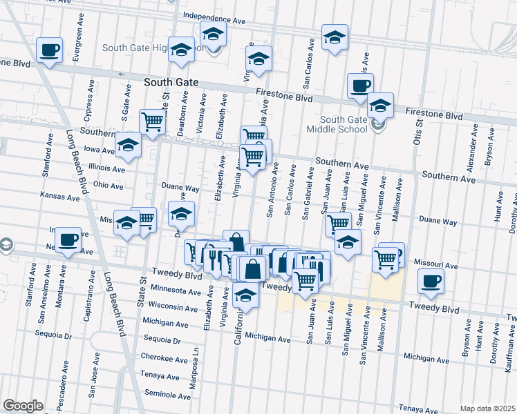 map of restaurants, bars, coffee shops, grocery stores, and more near 9541 San Antonio Avenue in South Gate