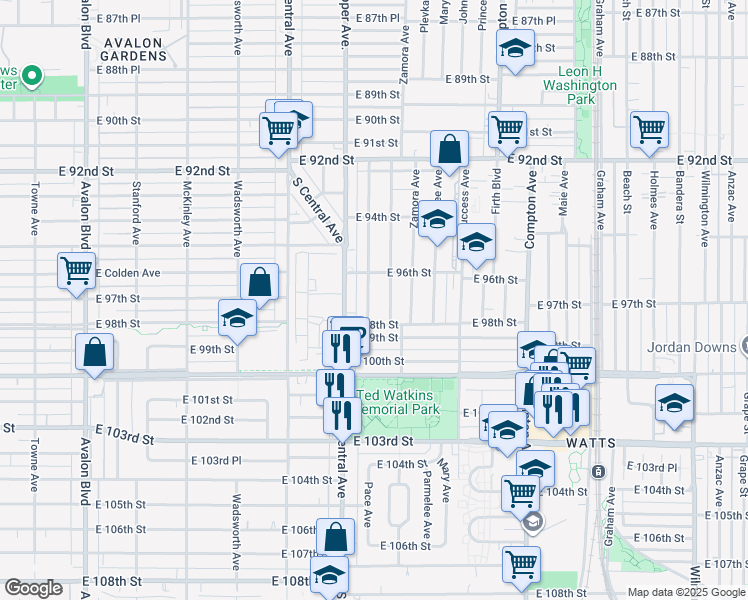 map of restaurants, bars, coffee shops, grocery stores, and more near 9715 Baird Avenue in Los Angeles