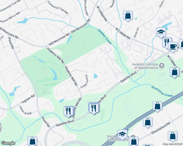 map of restaurants, bars, coffee shops, grocery stores, and more near 4418 Creek Ford Trace in Duluth