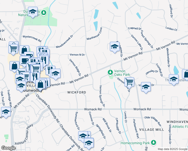 map of restaurants, bars, coffee shops, grocery stores, and more near 1851 Mount Vernon Road in Dunwoody