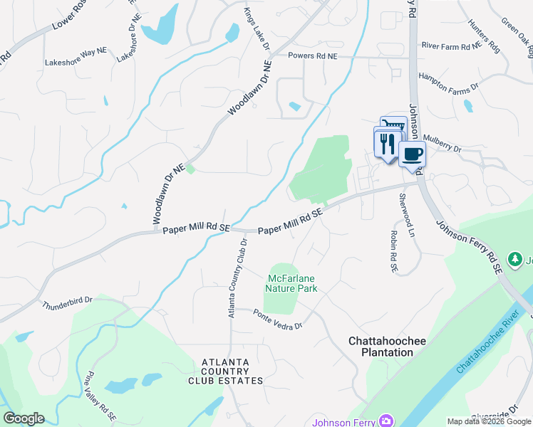 map of restaurants, bars, coffee shops, grocery stores, and more near 4531 Paper Mill Road Southeast in Marietta