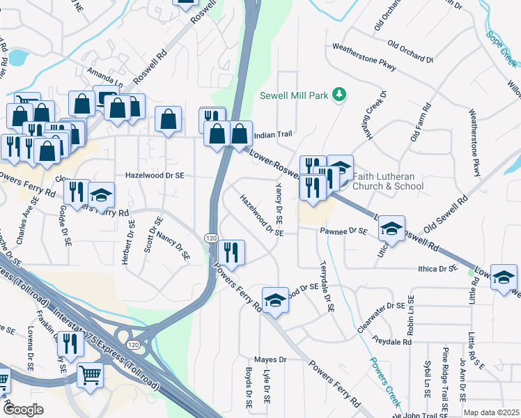 map of restaurants, bars, coffee shops, grocery stores, and more near 1921 Hazelwood Drive Southeast in Marietta