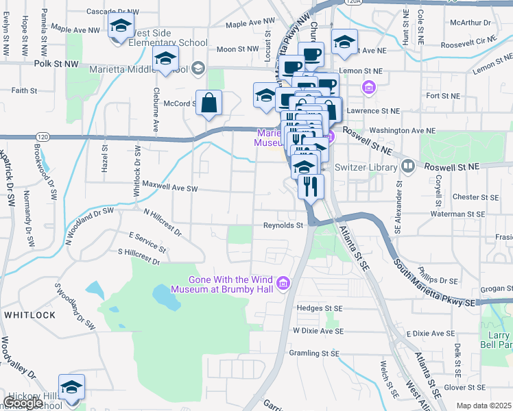 map of restaurants, bars, coffee shops, grocery stores, and more near 59 Trammell Street Southwest in Marietta