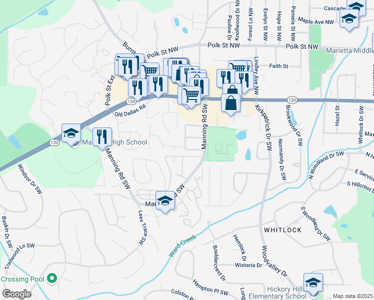 map of restaurants, bars, coffee shops, grocery stores, and more near 834 Wilson Circle Southwest in Marietta