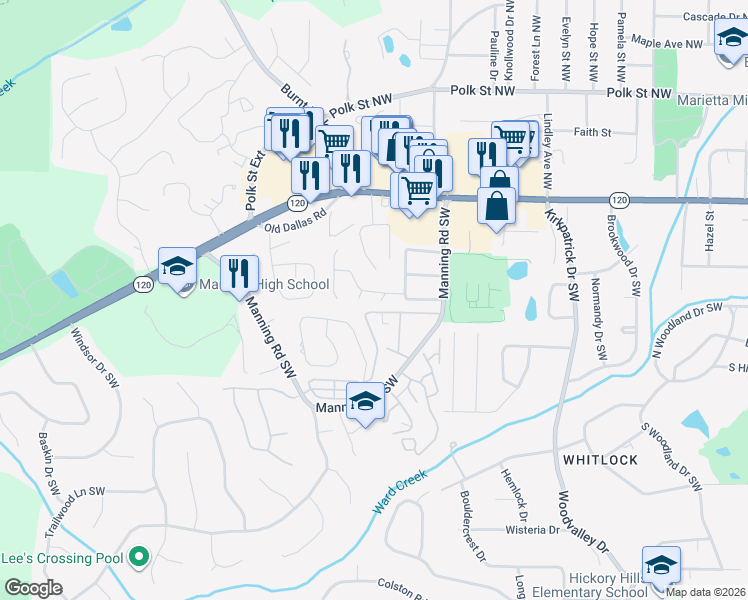 map of restaurants, bars, coffee shops, grocery stores, and more near 102 Westland Court Southwest in Marietta