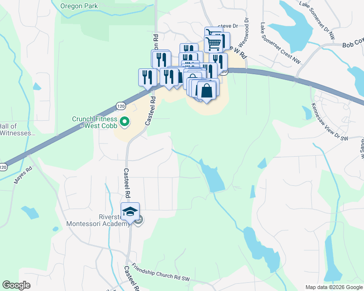 map of restaurants, bars, coffee shops, grocery stores, and more near 257 Bedford Street Southwest in Marietta