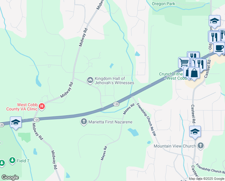 map of restaurants, bars, coffee shops, grocery stores, and more near 381 Parkside Meadow Drive in Marietta