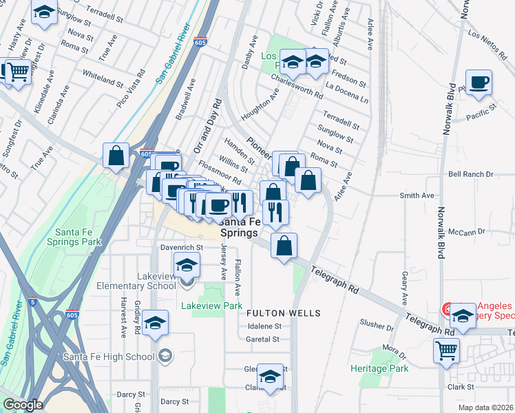 map of restaurants, bars, coffee shops, grocery stores, and more near 9828 Jersey Avenue in Santa Fe Springs