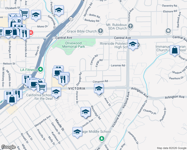 map of restaurants, bars, coffee shops, grocery stores, and more near 2971 Cheyenne Road in Riverside