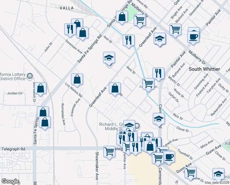 map of restaurants, bars, coffee shops, grocery stores, and more near 12999 Los Nietos Road in Santa Fe Springs