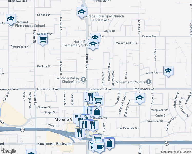 map of restaurants, bars, coffee shops, grocery stores, and more near 25072 Quebrada Court in Moreno Valley