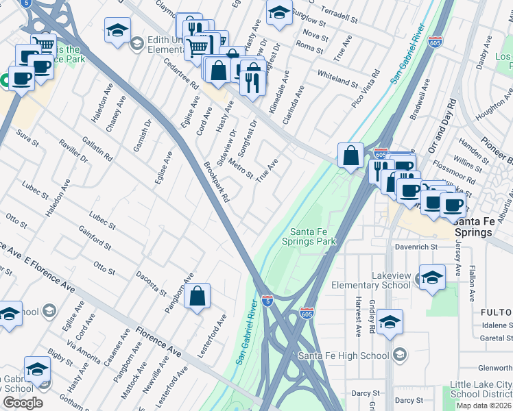 map of restaurants, bars, coffee shops, grocery stores, and more near 9430 True Avenue in Downey