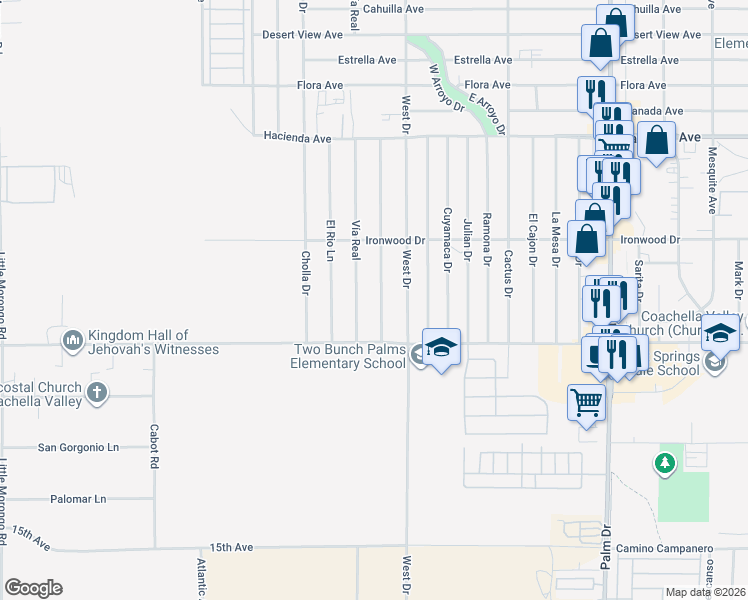 map of restaurants, bars, coffee shops, grocery stores, and more near 13840 Del Ray Lane in Desert Hot Springs