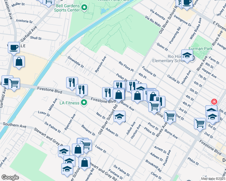 map of restaurants, bars, coffee shops, grocery stores, and more near 7332 Dinwiddie Street in Downey