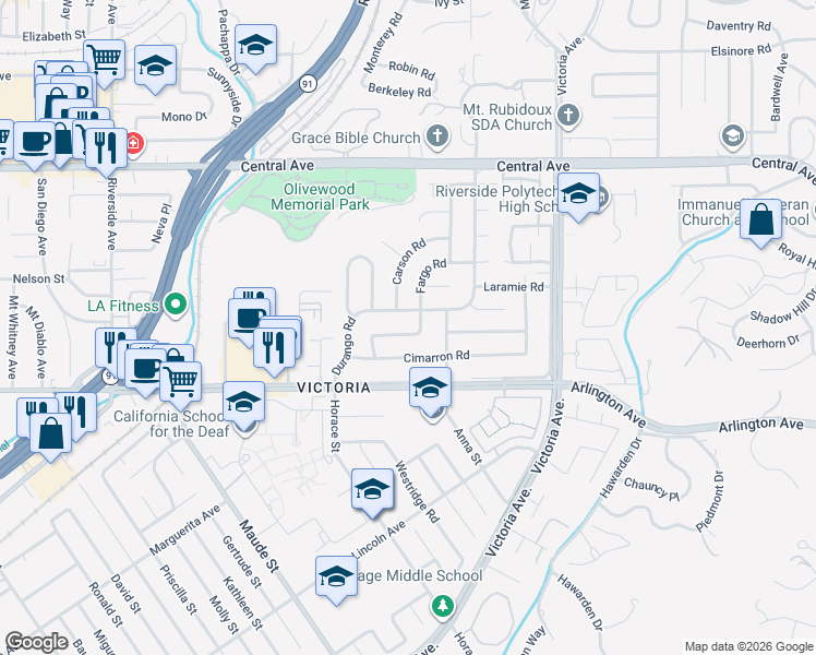 map of restaurants, bars, coffee shops, grocery stores, and more near 2971 Cheyenne Road in Riverside