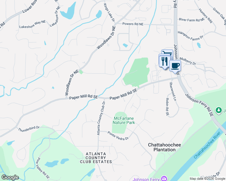 map of restaurants, bars, coffee shops, grocery stores, and more near 4531 Paper Mill Road Southeast in Marietta