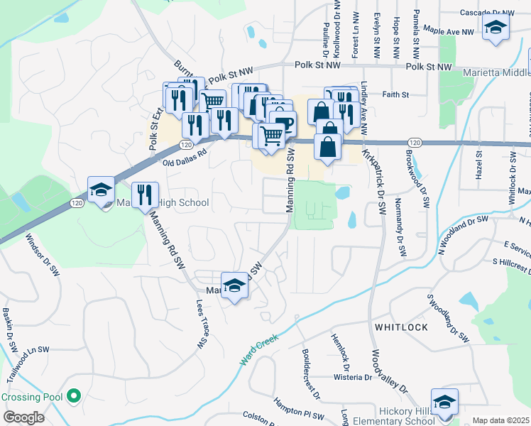 map of restaurants, bars, coffee shops, grocery stores, and more near 834 Wilson Circle Southwest in Marietta