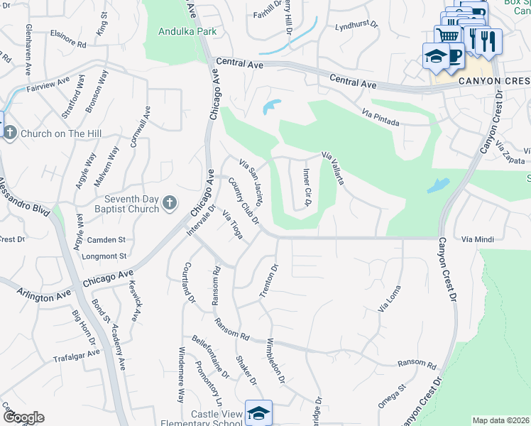 map of restaurants, bars, coffee shops, grocery stores, and more near 5660 Vía San Jacinto in Riverside