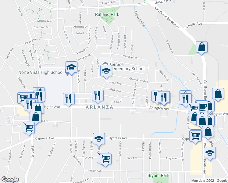 map of restaurants, bars, coffee shops, grocery stores, and more near 8794 Penny Drive in Riverside