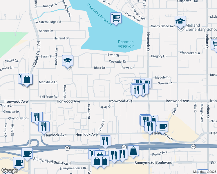 map of restaurants, bars, coffee shops, grocery stores, and more near 23630 Cinnamon Creek Court in Moreno Valley