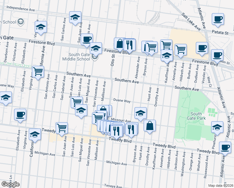 map of restaurants, bars, coffee shops, grocery stores, and more near 9329 McNerney Avenue in South Gate