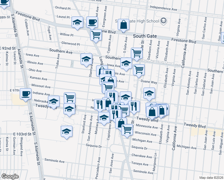 map of restaurants, bars, coffee shops, grocery stores, and more near 9612 Long Beach Boulevard in South Gate