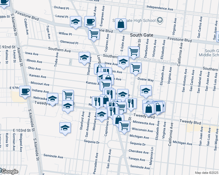 map of restaurants, bars, coffee shops, grocery stores, and more near 9612 Long Beach Boulevard in South Gate