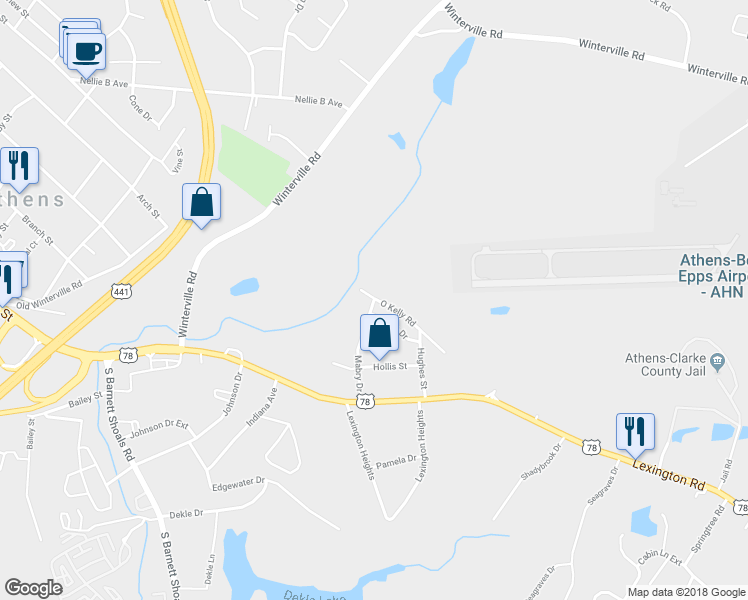 map of restaurants, bars, coffee shops, grocery stores, and more near 14 Mabry Drive in Athens