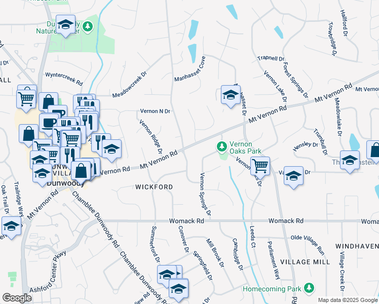 map of restaurants, bars, coffee shops, grocery stores, and more near 1851 Mount Vernon Road in Dunwoody