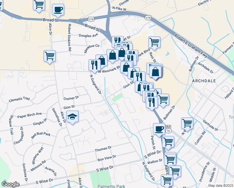 map of restaurants, bars, coffee shops, grocery stores, and more near 2008 Gion Street in Sumter