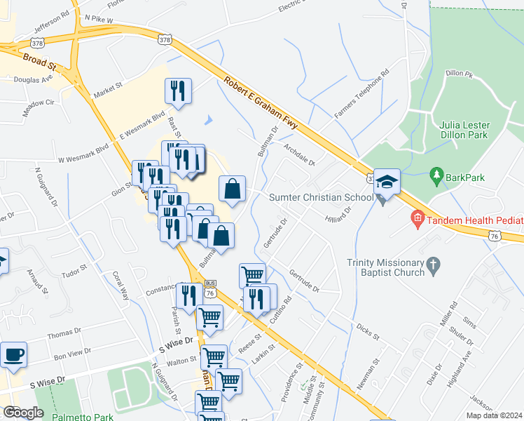 map of restaurants, bars, coffee shops, grocery stores, and more near 245 Bultman Drive in Sumter