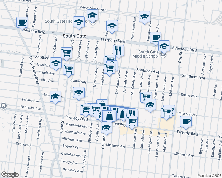 map of restaurants, bars, coffee shops, grocery stores, and more near 9518 California Avenue in South Gate