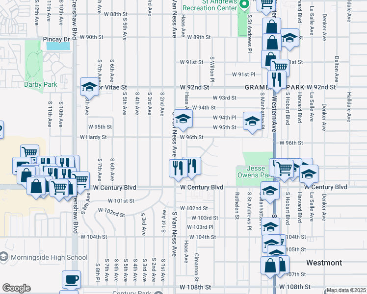 map of restaurants, bars, coffee shops, grocery stores, and more near 9621 Haas Avenue in Los Angeles