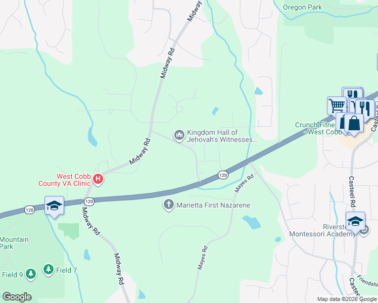 map of restaurants, bars, coffee shops, grocery stores, and more near 224 County Rd SW in Marietta