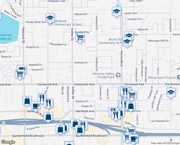 map of restaurants, bars, coffee shops, grocery stores, and more near 11910 Welby Place in Moreno Valley