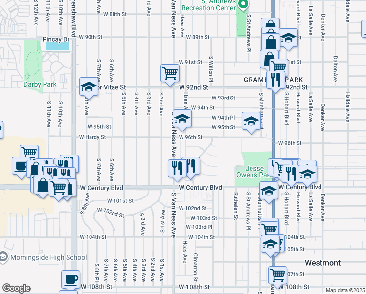 map of restaurants, bars, coffee shops, grocery stores, and more near 9621 Haas Avenue in Los Angeles