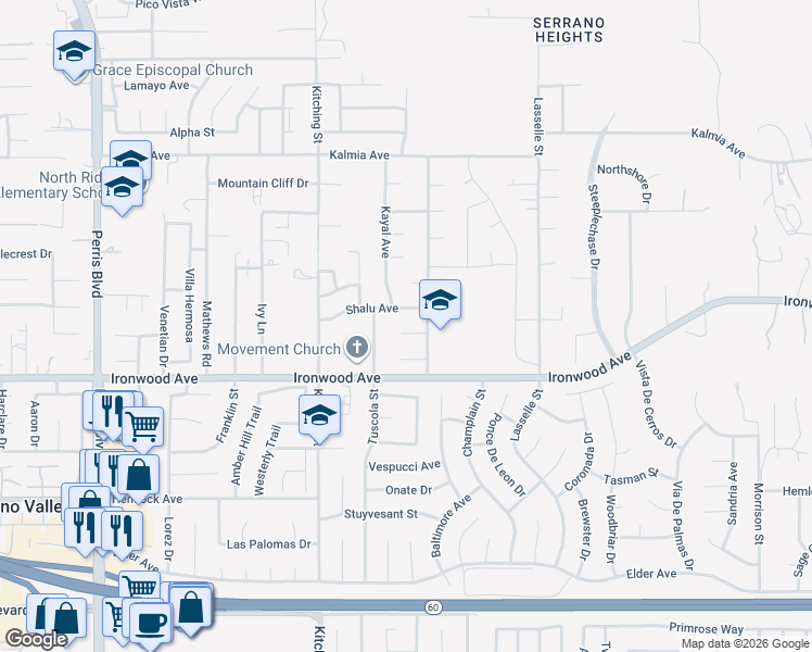 map of restaurants, bars, coffee shops, grocery stores, and more near 25662 Jason Place in Moreno Valley