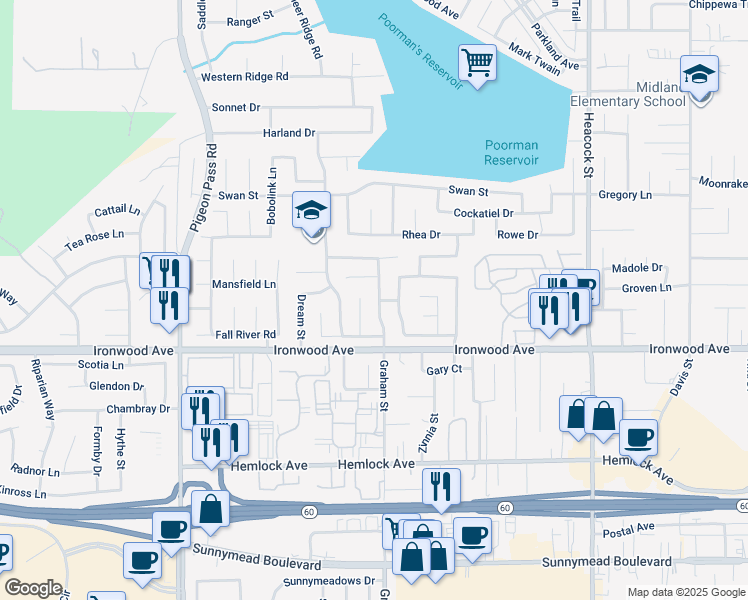 map of restaurants, bars, coffee shops, grocery stores, and more near 11867 Graham Street in Moreno Valley