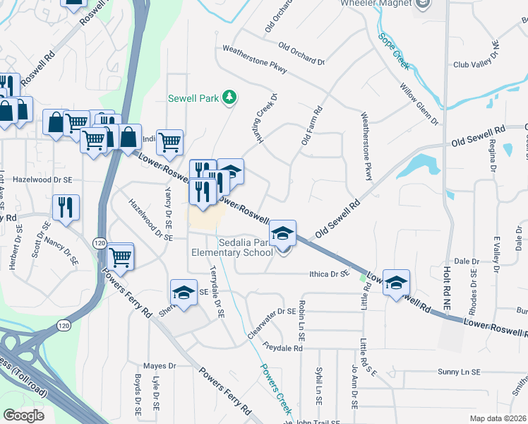 map of restaurants, bars, coffee shops, grocery stores, and more near 2175 Lower Roswell Road in Marietta