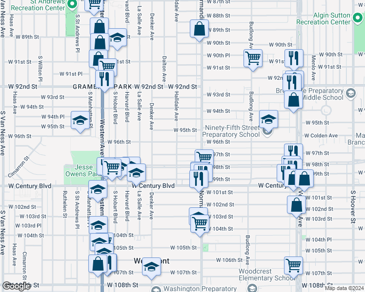 map of restaurants, bars, coffee shops, grocery stores, and more near 1448 West 96th Street in Los Angeles
