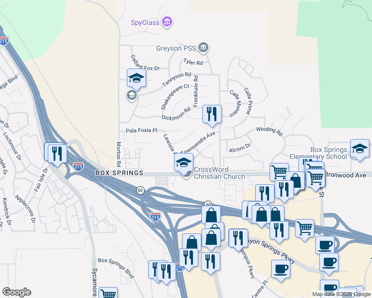map of restaurants, bars, coffee shops, grocery stores, and more near 21354 Townsendia Avenue in Moreno Valley