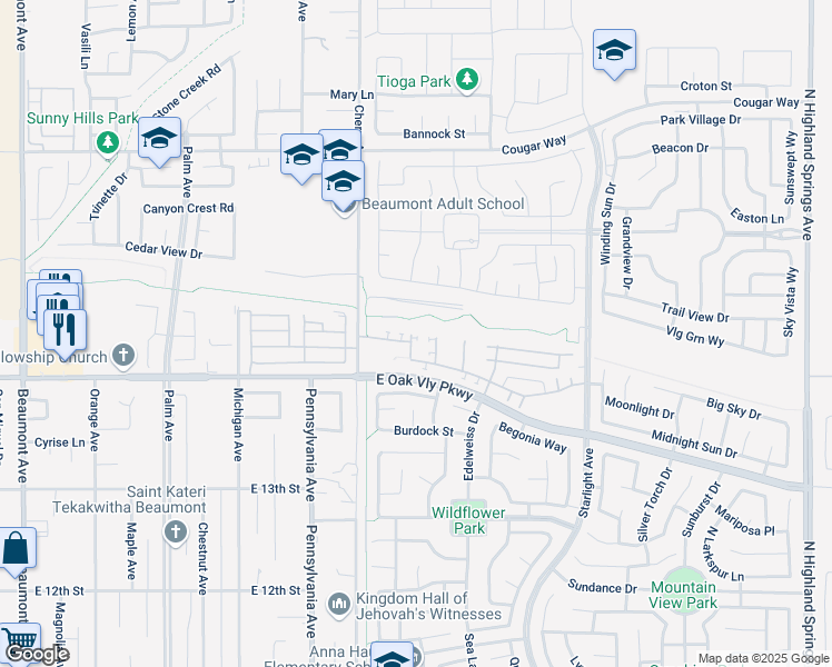 map of restaurants, bars, coffee shops, grocery stores, and more near 1433 Bittersweet Drive in Beaumont